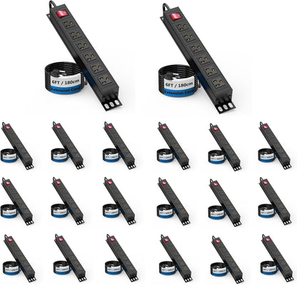 20PCS 6 Outlet Power Strip, Metal Mountable Power Strip Surge Protector, Heavy Duty Wall Mount Power Outlet for Commercial, Industrial, Workshop, Long Power Cord, 15A/125V 1875W
