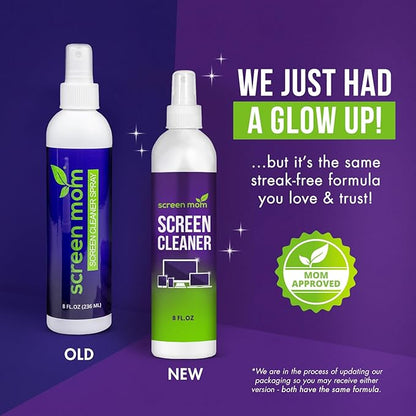 Screen Cleaner Spray and Microfiber Cloth 2-Pack (2x8oz) by Screen Mom-Screen Cleaner Spray and Wipe for TV, Computer, Phone, iPad, Car Screen Cleaning Kit Electronic Cleaner Spray