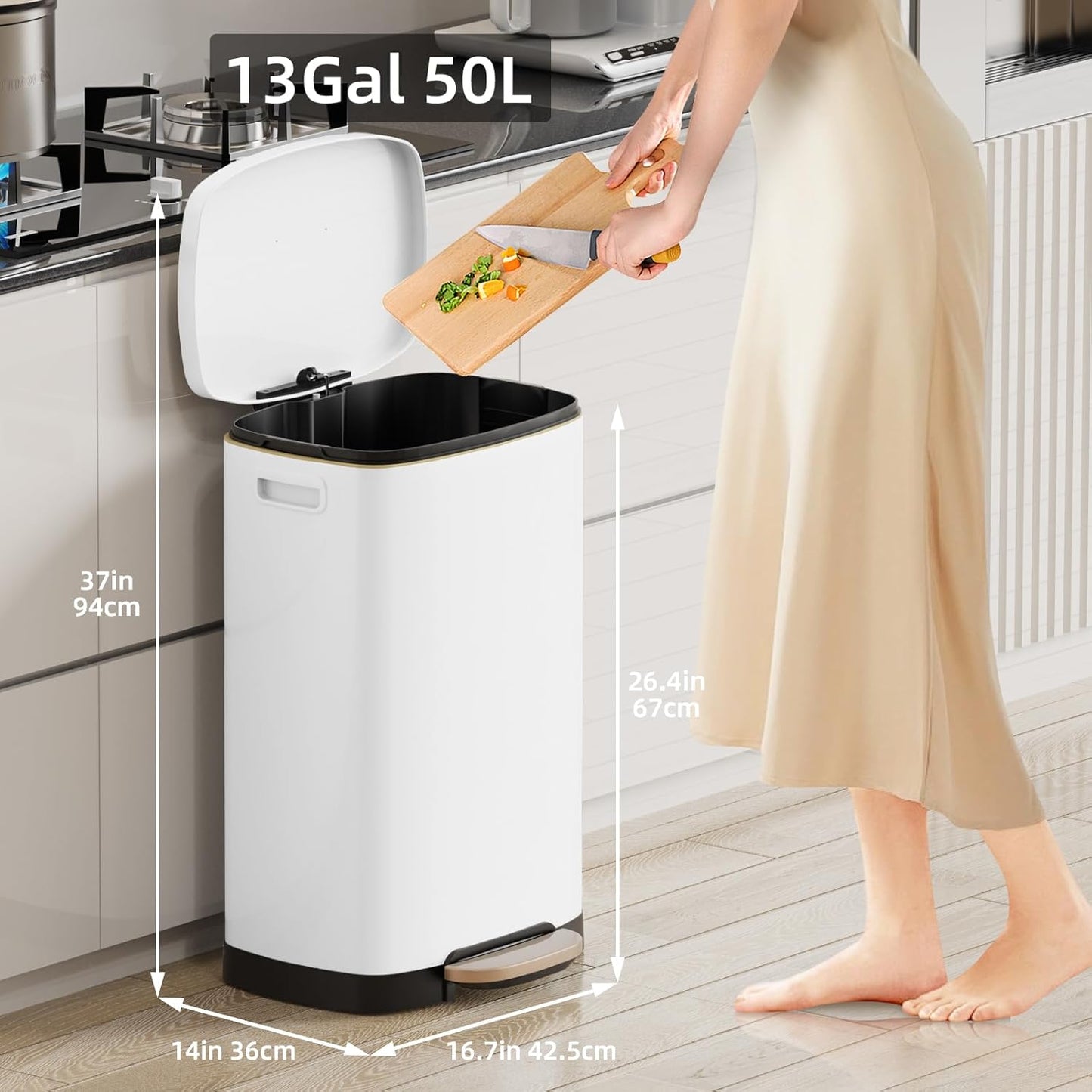 KUK 13 Gallon Kitchen Trash Can with Lid, 50L/13Gal Office Step Garbage Can for Home, Kitchen, Laundry Room, Office, Brushed Stainless Steel, White