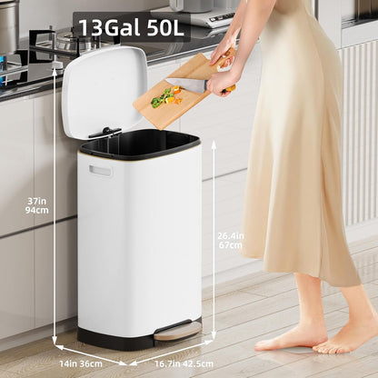 KUK 13 Gallon Kitchen Trash Can with Lid, 50L/13Gal Office Step Garbage Can for Home, Kitchen, Laundry Room, Office, Brushed Stainless Steel, White