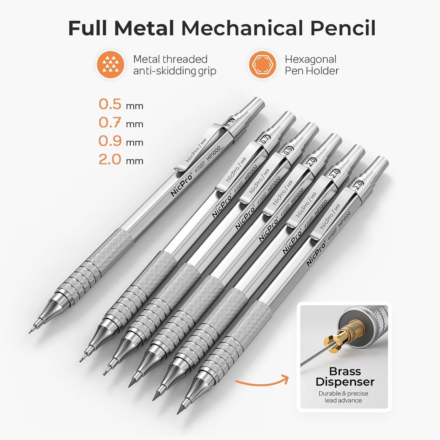 Nicpro 30PCS Silver Metal Mechanical Pencils Set in Leather Case, Art Drafting Pencil 0.5, 0.7, 0.9 mm, 2mm Lead Pencil Holder for Sketching Drawing With 16 Tube (6B 4B 2B HB 2H 4H Colors)Lead Refill