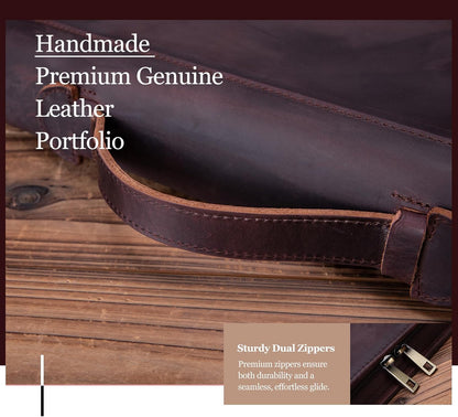 Genuine Leather Portfolio 3 Ring Binder with Clipboard, Hidden Handle, 8.5 x 11 Zippered Padfolio, Business Organizer Professional Executive Folio for Men and Women, Dark Brown