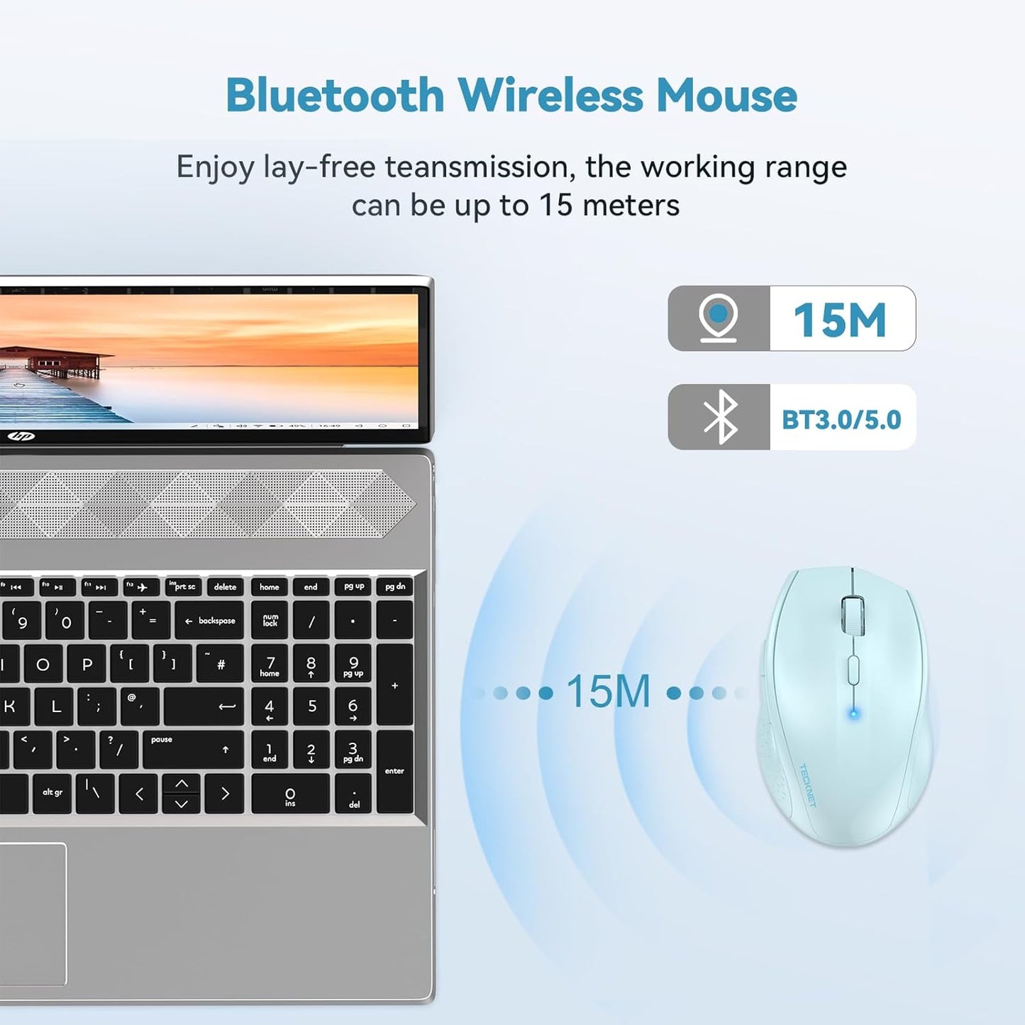 TECKNET Bluetooth Mouse, 4800 DPI Wireless Mouse, 2-Year Battery 6 Adjustable DPI, 6 Buttons Compatible with Laptop/Windows/Computer - Lightblue