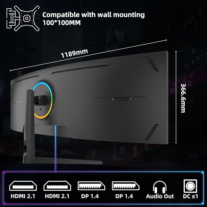 49 Inch Curved Ultra Wide Gaming Monitor, 5K (5210x1440P), 144Hz/165Hz 1500R, 32:9 127% sRGB, FreeSync, Height Adjustable Screen Monitor, HDMI 2.1 And DP 1.4, Supports Wall Mounted Installation
