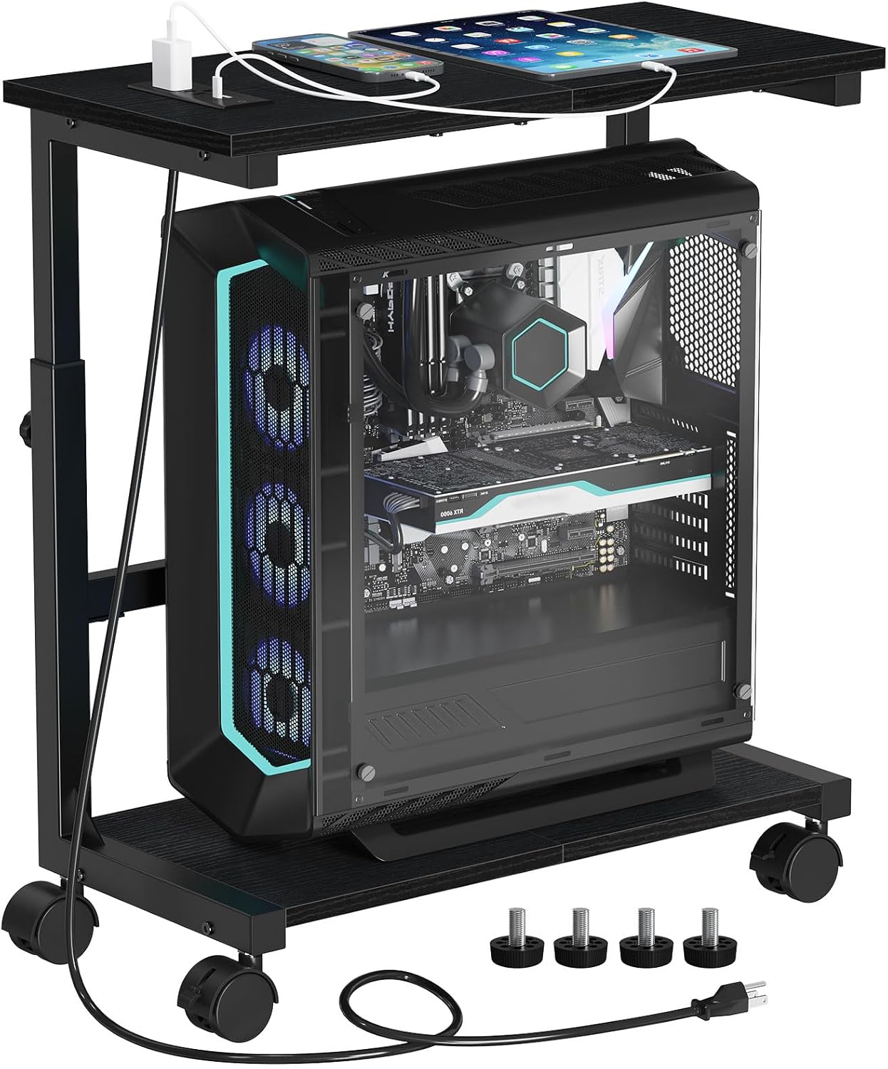 Snughome Computer Tower Stand with Charging Station, 25.0"-32.1" Height Adjustable PC Tower Stand for Floor, Mobile PC Holder with Locking Wheels Computer Cart for Home Office