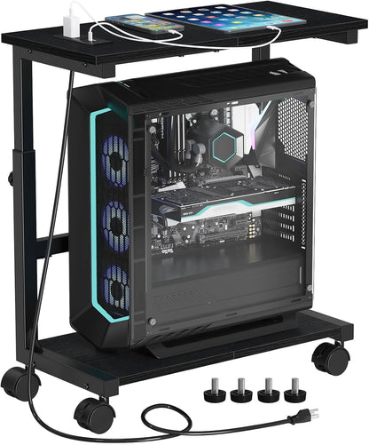 Snughome Computer Tower Stand with Charging Station, 25.0"-32.1" Height Adjustable PC Tower Stand for Floor, Mobile PC Holder with Locking Wheels Computer Cart for Home Office