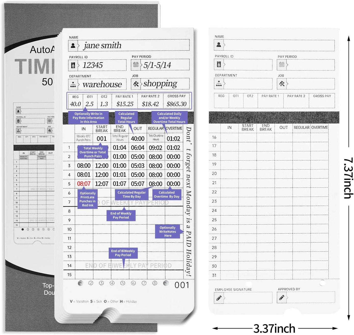300 HN4000 Time Cards for Employee Time Clocks, Compatible with HN4000, HN2000, HN2500, HN4500, Card Numbers 1-50, Pre-Punched Holes, 6 Boxes of 50 Cards, Separate Packaging
