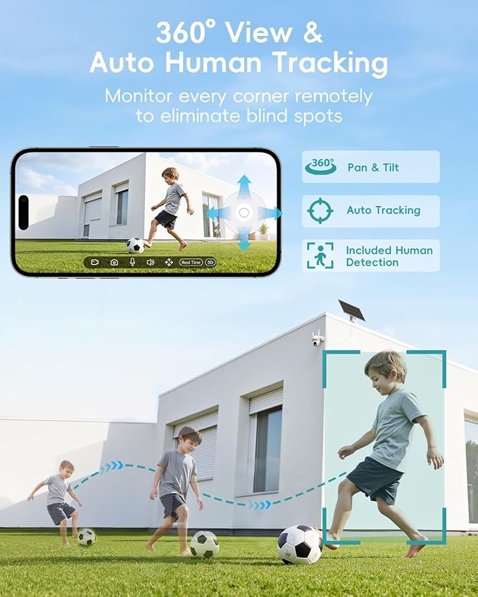 ZUMIMALL 9W Solar Security Cameras Wireless Outdoor, AOV 24/7 Recording Cameras for Home Security, 360° View, 2K Color Night Vision, 2-Way Talk, 2.4GHz WiFi, Auto Tracking, SD/Cloud/Alexa/AI (2-Pack)