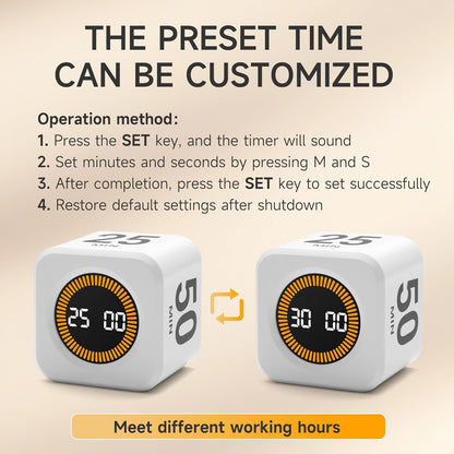 Rotating Productivity Timer 5, 25, 10, 50 Minutes Preset, Desk Cube w/Gravity Sensor for ADHD, Mute Functions, Ideal for Work, Study, Kitchen, Back to School (1, White)