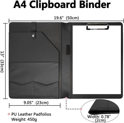 Portfolio Folder Padfolio with A4 Clipboard, PU Leather Portfolio Clipboard Business Binder Writing Clip Board Organizer for Legal Documents Business Card Men Women Black