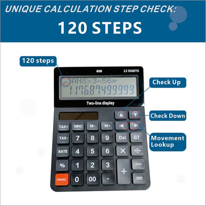 Battery and Solar Unique 120-Step Calculation Check Memory 12 Digit 2 Line Extra Large Calculator Big Buttons and 5.5" LCD Display, Configurable Tax Rate Financial Calculator for Tax Calculations