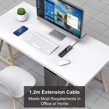 USB Hub, VKUSRA 7 Port USB Hub 3.0 with 4ft USB Long Cable, and Aluminum USB 3.0 Hub with Individual On/Off Switch and LED Indicator, USB Splitter for Laptop & PC, Power Adapter Not Included