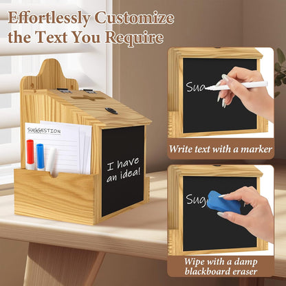 Skdtazrz Wooden Suggestion Box with Slot and Lock,Tip Money Donation Box for Savings Fundraising, Tabletop & Wall Mounted Prayer Box, Office Comment Ballot Box with Sign Slot Eraser and Pens