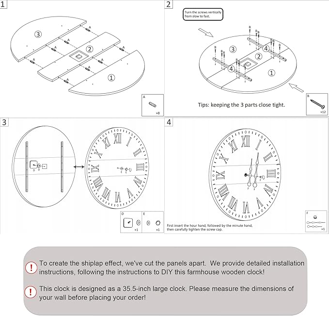 35" Large Wall Clock, Shiplap Wall Clock with Roman Numeral Nearly Non-Ticking Farmhouse Round Wall Clocks for Living Room Decor, Office, Bedroom, Entrance, Black
