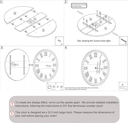 35" Large Wall Clock, Shiplap Wall Clock with Roman Numeral Nearly Non-Ticking Farmhouse Round Wall Clocks for Living Room Decor, Office, Bedroom, Entrance, Black