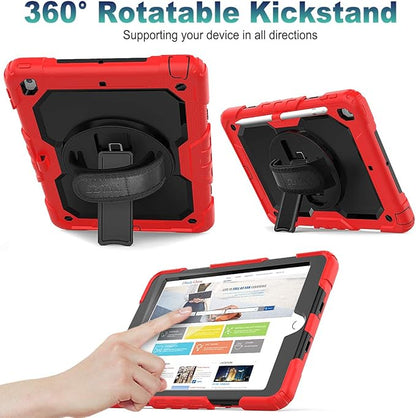 SEYMAC stock Case for iPad 9th/ 8th/ 7th Generation 10.2'', Shockproof with Screen Protector, Pencil Holder [360° Rotating Hand Strap] & Stand, for iPad 10.2 inch 2021-2019 (SiliconeRed+Black)
