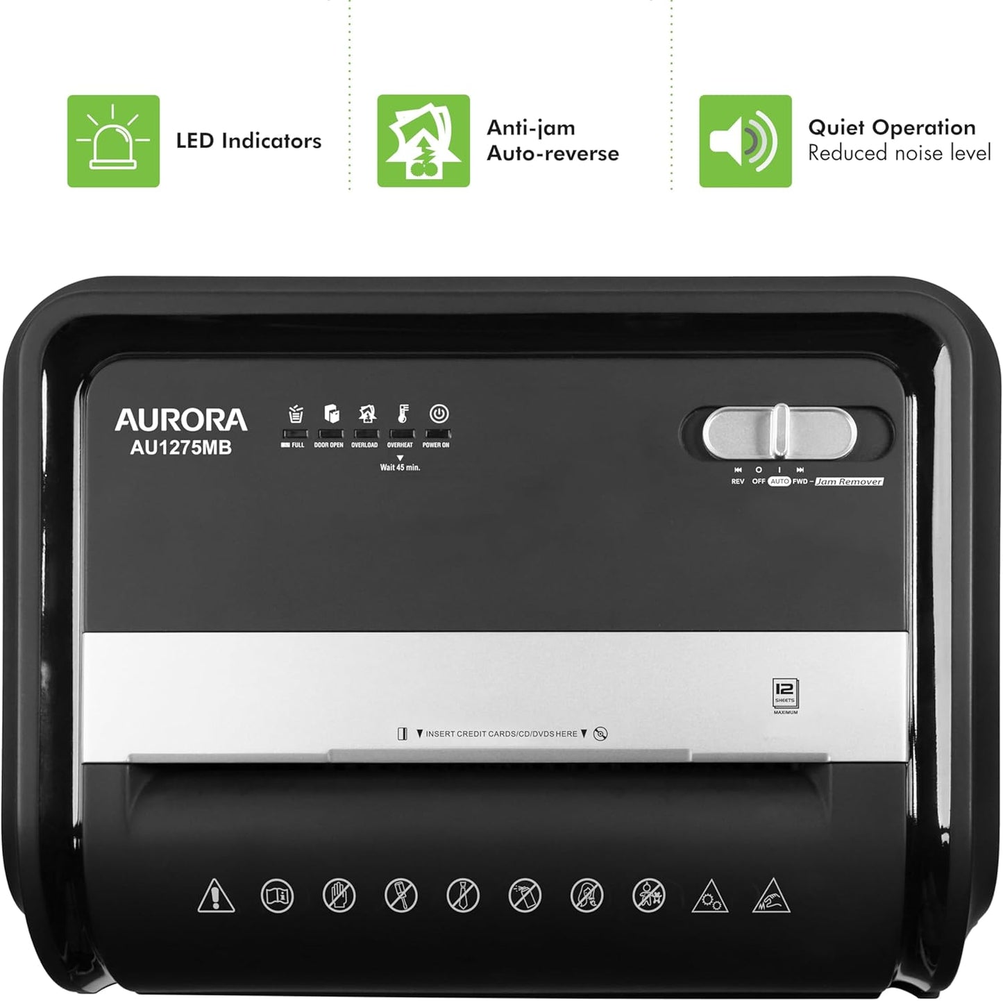 Aurora AU1275MB High-Security 12-Sheet Micro-Cut Paper and CD/Credit Card Shredder/ 5.7-Gallon Pullout Basket/60 Minutes Run Time