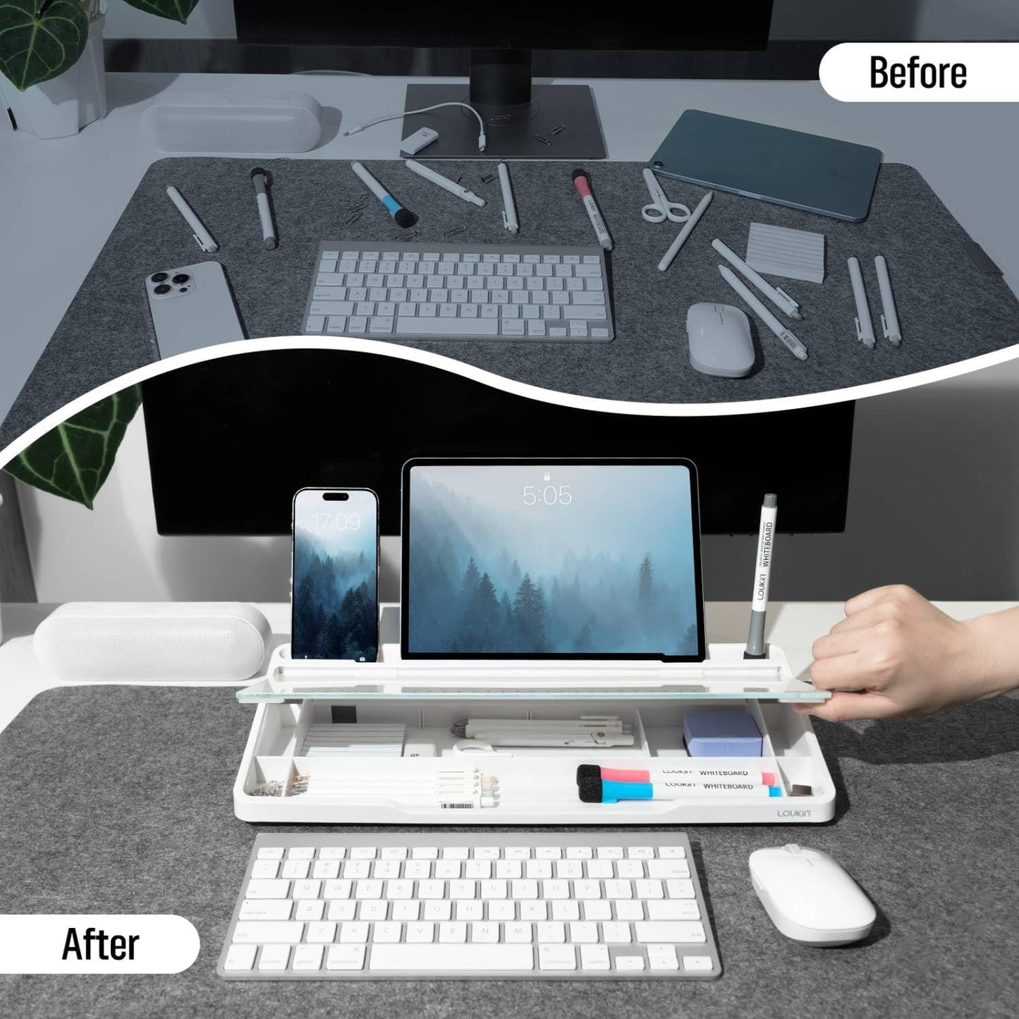 LOUKIN Glass Desktop Whiteboard, 15.3" x 5.6" Dry Erase Desk Board with Dotted and Graduated Surface, Desktop Buddy, Great for Design and Drawing, 3 Markers and 1 Dry Erase Eraser Included (White)