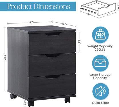 Farini 3-Drawer Under Desk Wooden File Storage Cabinet with Lockable Caster for Home Office,Black,Required Assembly