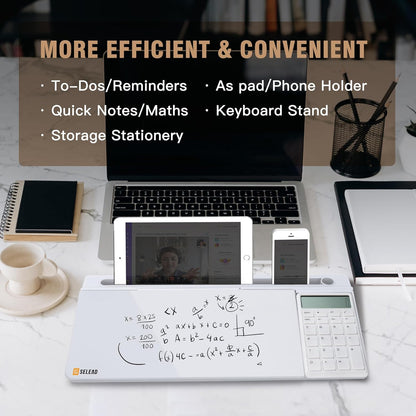 SELEAD Desktop Glass Whiteboard with Calculator, Organizer, Markers, Eraser, Holder - Small Dry Erase White Board Computer Pad Keyboard Stand Desk Drawer Accessories for Home, School, Office