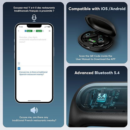 Translation Earbuds,Open Ear Headphones with Real-Time 168 Language,Bluetooth 5.4 Earphones with 400mAh Charging Case,Wireless Earbuds with HD Calling,Stable Connection,50H Long-Lasting Battery