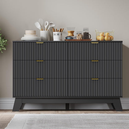 Fluted 6 Drawer Dresser, 47.2" Wide Modern Boho Chest of Drawers, Wooden Storage Dresser TV Stand for Bedroom, Living Room, Closet, Hallway, Curved Profile Design