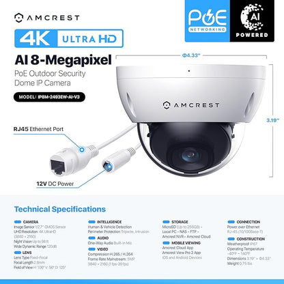 Amcrest 2-Pack UltraHD 4K (8MP) Dome POE IP Camera, 3840x2160, 98ft NightVision, 2.8mm Lens, IP67 Weatherproof, IK10 Vandal Resistance, MicroSD Recording, White (IP8M-2493EW-AI-V3)