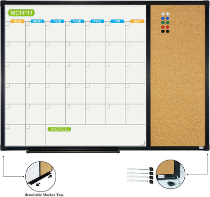 JILoffice Magnetic Calendar Whiteboard & Bulletin Corkboard Combination, Combo Board 28 x 20 Inch, Black Aluminum Frame Wall Mounted Board for Office Home and School with 10 Push Pins