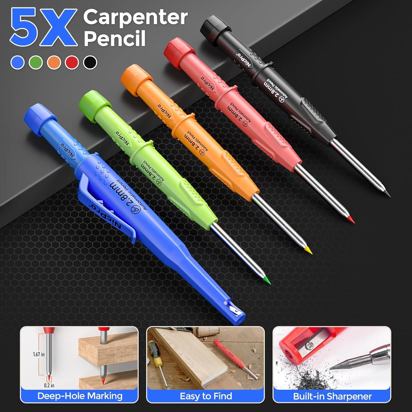 Nicpro 5 Pack CP3000 Carpenter Pencil with Sharpener, Mechanical Pencils Set with 59 Refills, Heavy Duty Construction Pencil, Carpenter Tools for Architect Marking (Red, Black, Orange, Green, Blue)