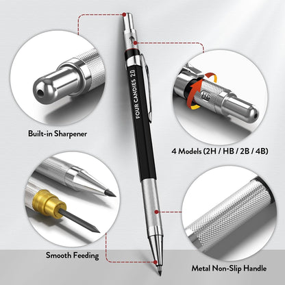 Four Candies 2MM Mechanical Pencil Set with case, Artist Led Pencil Metal Lead Holder with 60PCS Graphite Lead Refill (HB, 2H, 2B, 4B, Color) Kneaded Eraser, Sharpener for Writing, Drawing, Sketching