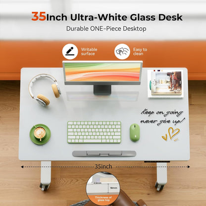 35inch Glass Standing Desk，90° Tiltable Mobile Rising Desk Height Adjustable，Whole Piece Rolling Sit Stand Table with Wheels，Foldable Small Laptop Desk，White