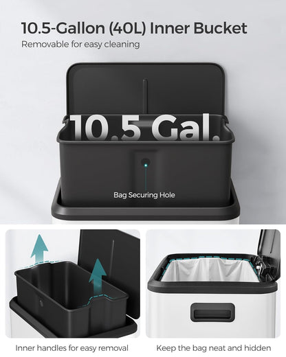 SONGMICS Kitchen Trash Can, 10.5-Gallon (40L) Garbage Can with Lid and Wide Foot Pedal, Soft Close and Stays Open, White ULTB541W40