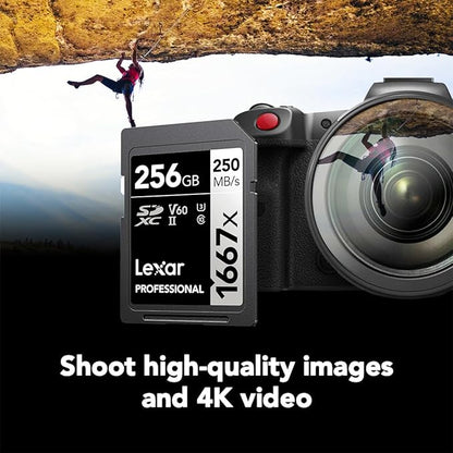 Lexar 256GB Professional 1667x SD Card, UHS-II, C10, U3, V60, Full HD, 4K, Up To 250MB/s Read SDXC Memory Card, for Professional Photographer, Videographer, Enthusiast (LSD256CBNA1667)