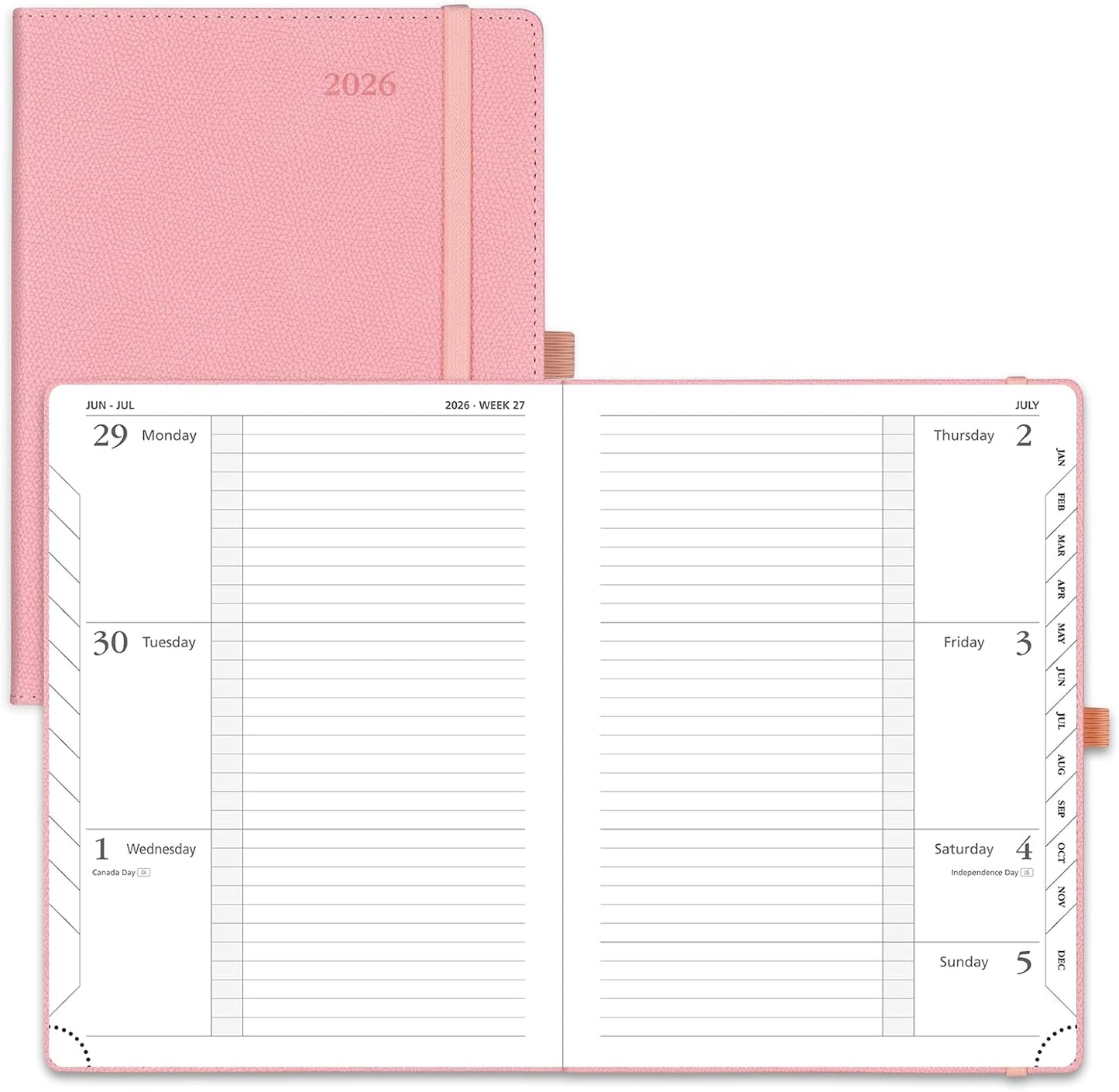 POPRUN 2026 Weekly Planner (Medium 6.75" x 8.75") 12 Months Calendar Notebook with Horizontal Layout, Leather Hardcover, Inner Pocket, 100GSM Thick Paper, Pen Holder - Soft Pink