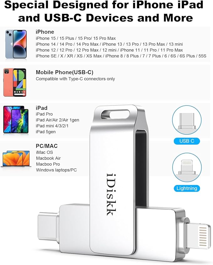 App-le Certified 1TB iPhone 17 iDiskk Photo Vault for iPhone USB Storage Photo Flash Drive Transfer Stick for iPhone Picture External Storage iPad Lightning USB C Android Photo Storage Photo Stick