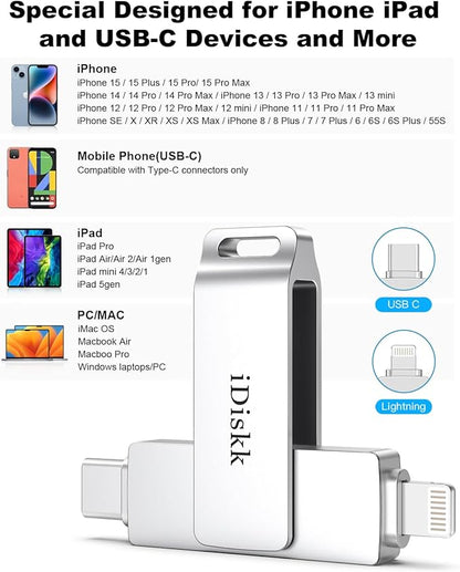 App-le Certified 1TB iPhone 17 iDiskk Photo Vault for iPhone USB Storage Photo Flash Drive Transfer Stick for iPhone Picture External Storage iPad Lightning USB C Android Photo Storage Photo Stick