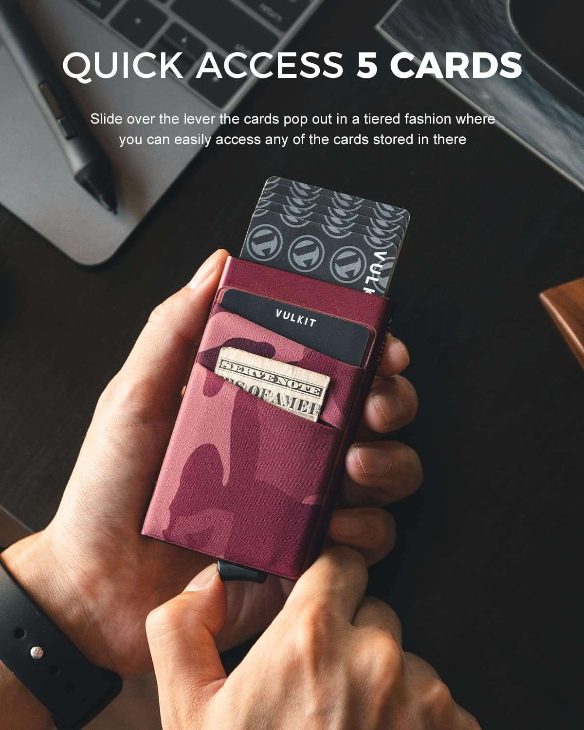 VULKIT Card Holder with Money Pocket Pop Up Wallet RFID Blocking Slim Metal Bank Card Case Holds 5 Cards and Notes