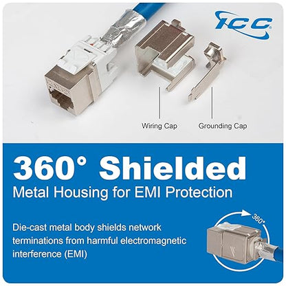 ICC Shielded FTP CAT6A Keystone Jack with Slim Profile 180 Degree Punch Down, 10Gbps RJ45 UL Listed PoE++ TAA Compliant for Wall Plate or Patch Panel, Works with JackEasy Termination Tool