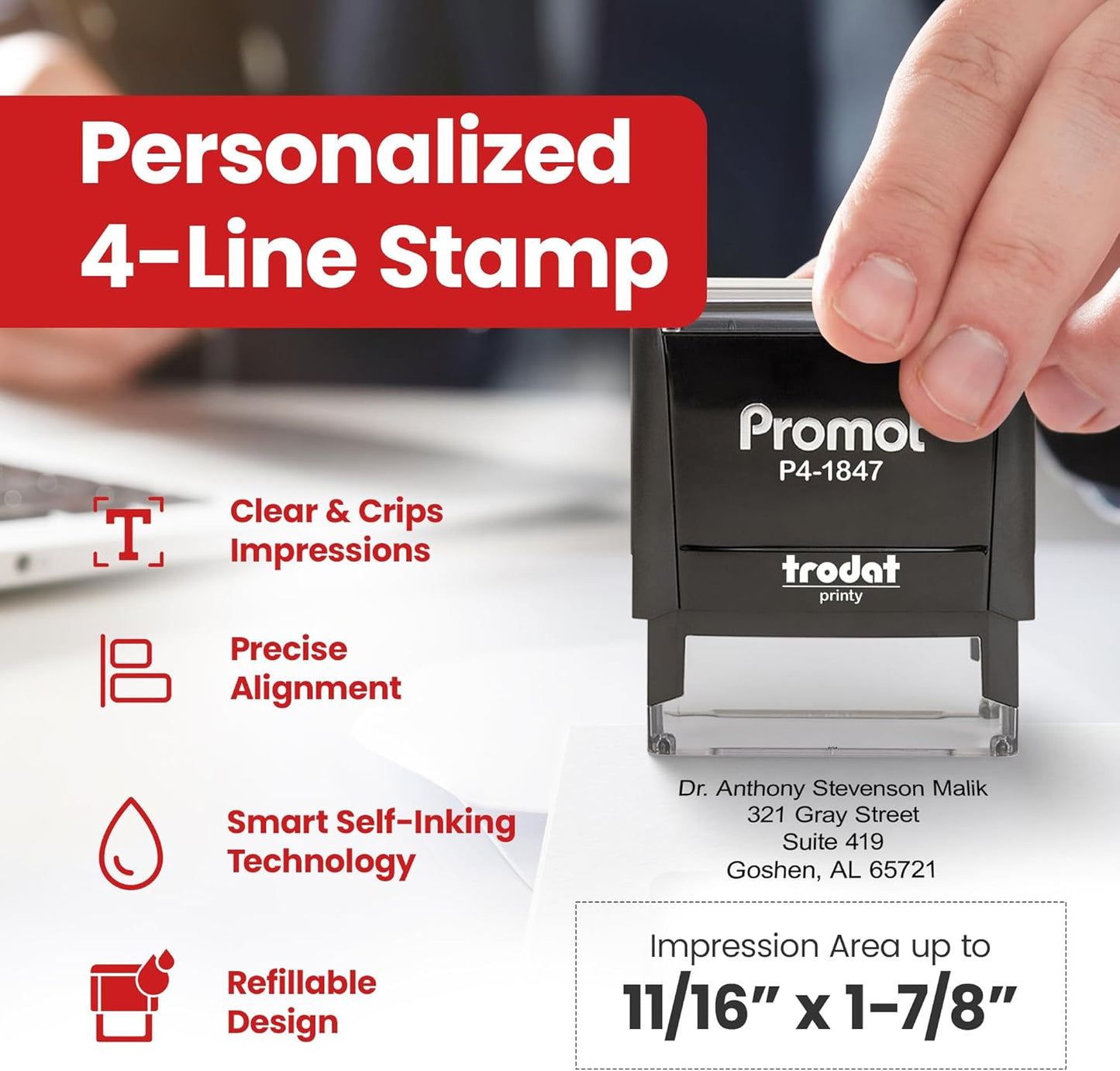 Promot Self Inking Stamp - Medium Custom Stamp for Name, Address, Office, or Business Use - Up to 4-Line Personalized Rubber Stamp - Customizable Font & Ink Color - Personalized Name Stamp