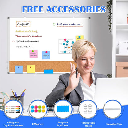 Double-Sided Whiteboard Cork Board Combo for Wall, WALGLASS 24" x 18" Dry Erase White Board Corkboard Combination, Hanging Wall Mount Bulletin Board with Aluminum Frame for Office, Home, School