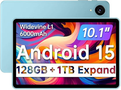 Tablet, Android 15 Tablets with 10.1 inch HD Display, 128GB Storage 1TB Expand, Octa-Core Processors, 6000mAh, Widevine L1, GPS, Dual Camera, WiFi 5, BT5.0 (Blue)
