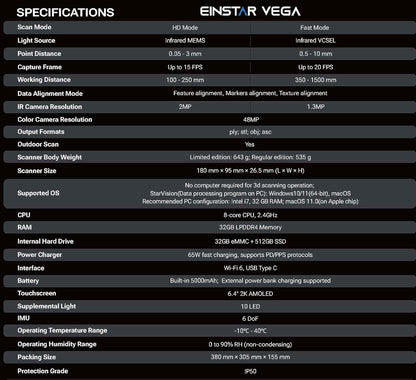 Einstar Vega 3D Scanner with Marker Helpers, Tripod, Wireless All-in-One Design, VCSEL/MEMS Projector Technology, Smooth 3D Scanning Small to Large Object, Powerful 8-core 2.4 GHZ CPU, 48MP RGB Camera