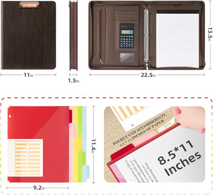 Ospelelf Zippered Portfolio Binder, Leather Clipboard Folder with Storage, 3 Ring Binder 1 Inch, 12.1” Tablet Sleeve, 5 Dividers with Pocket, Refillable Notepad, Card Slot (Brown)
