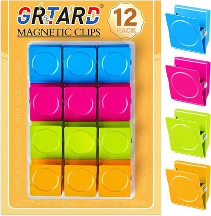 Grtard 12 Pack Magnetic Clips Heavy Duty, Colorful Strong Fridge Magnet Clips Heavy Duty, Metal Magnet Clips for Fridge, clip Magnets, Magnetic Clips for Refrigerator, Locker, Whiteboard, Home, Office