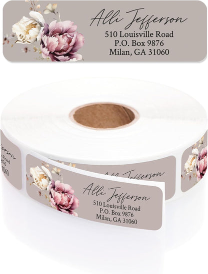 Taupe Watercolor Floral Rolled Address Labels / 500 Personalized Return Address Labels/Designer Address Stickers in Elegant Plastic Dispenser