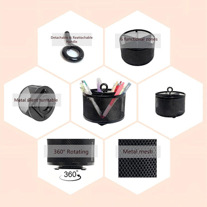 SETTFRFE Metal Mesh Desk Organizer,360°Rotating Pen Holder, Black Pencil Container with 6 Compartments, Office Supplies Organizer for Students, Home, Workspace