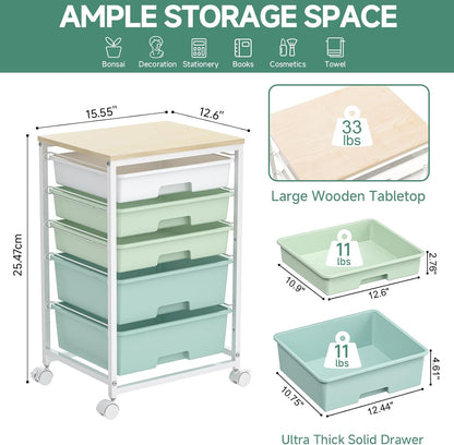 Craft cart,Rolling Cart with Drawers,Storage Cart with 5 Drawers and Wooden Tabletop for Under Desk Organizers and Storage,Green
