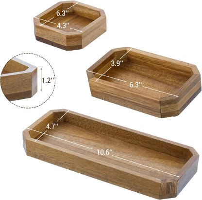 MyGift Premium Solid Acacia Wood Octagonal Desk Organizer Trays Office Stationery Holders, 3 pc Set