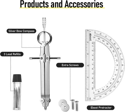 EBOOT Student Geometry Math Set, Drawing Compass and 6 Inch Clear Swing Arm Protractors 180 Degree Math Protractor (Silver)