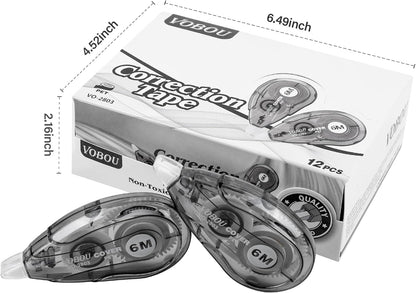 White Correction Tape Dispenser, Easy To Use Applicator for Instant Corrections, For school, Office (Black, 12pack, 6M/256, Tape Width 0.2in)